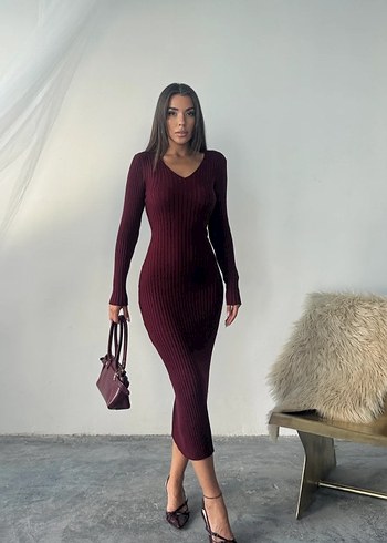 Bordo V Yaka Uzun Elbise