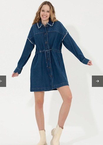 Düğmeli Lacivert Kısa Denim Elbise