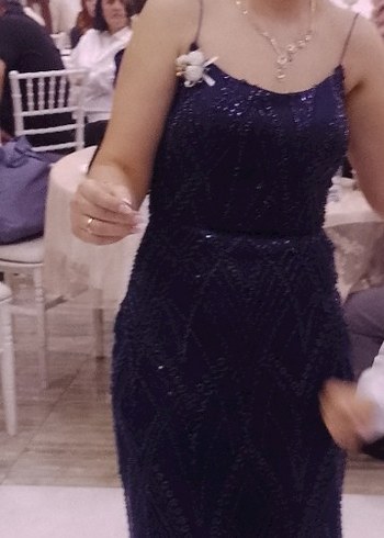 İnci İşlemeli Lacivert Uzun Abiye Elbise - Görsel 7