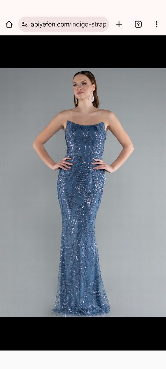 İnci İşlemeli Lacivert Uzun Abiye Elbise - Görsel 4