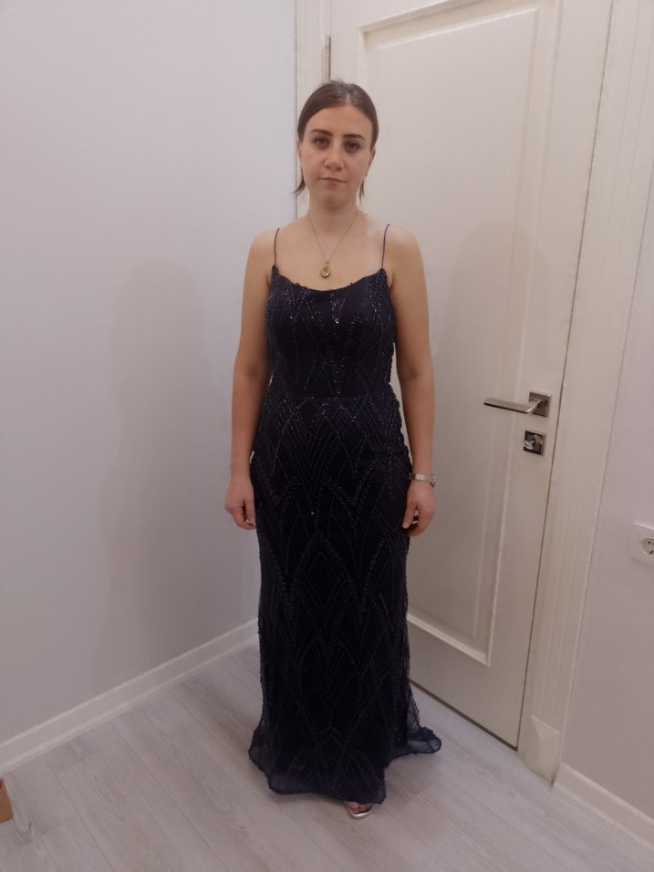 İnci İşlemeli Lacivert Uzun Abiye Elbise - Görsel 5