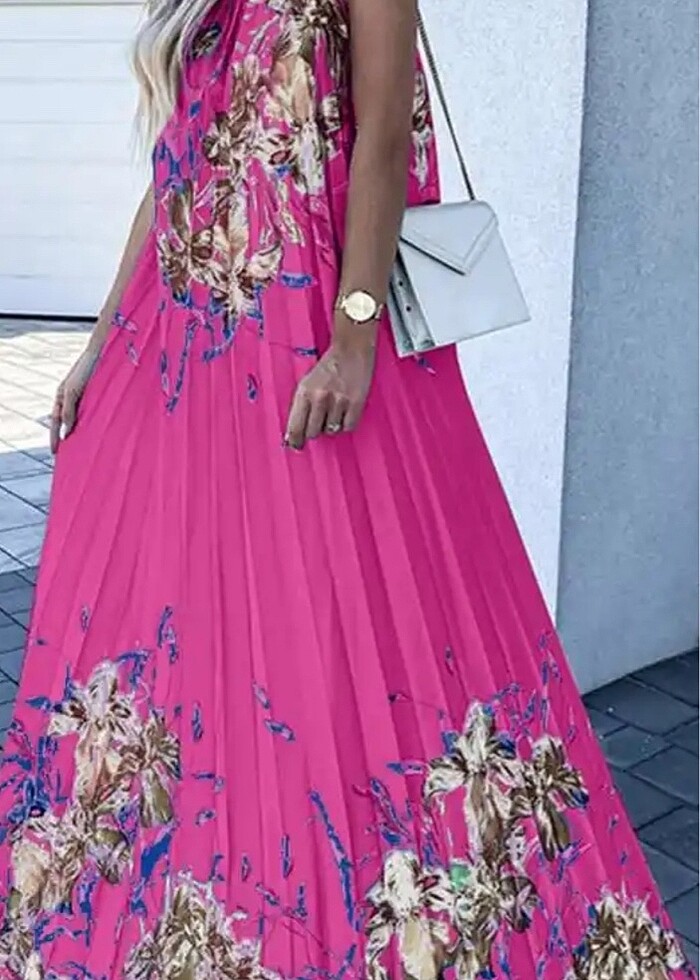 Çiçek desenli boyundan bağlamalı saten elbise - Görsel 2