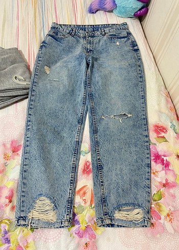 Kadın Mavi Bol Kesim Denim Pantolon