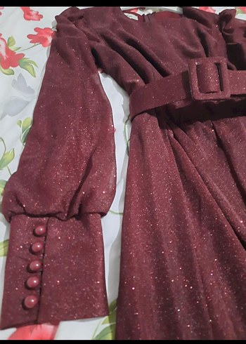38 Beden bordo Renk Bordo Uzun Kollu Kemerli Abiye Elbise