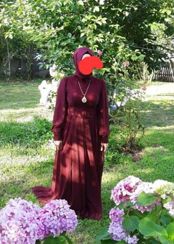 38 Beden Bordo Uzun Kollu Kemerli Abiye Elbise