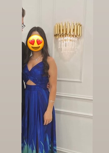 Diğer Mavi Parlak Uzun V Yaka Abiye Elbise