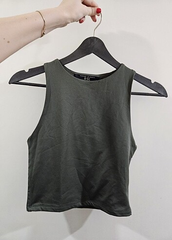 xs Beden Haki Parlak Halter Crop Bluz