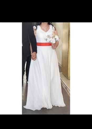 Beyaz Valonlu Şifon V yaka Nikahlık Gelinlik - Görsel 3