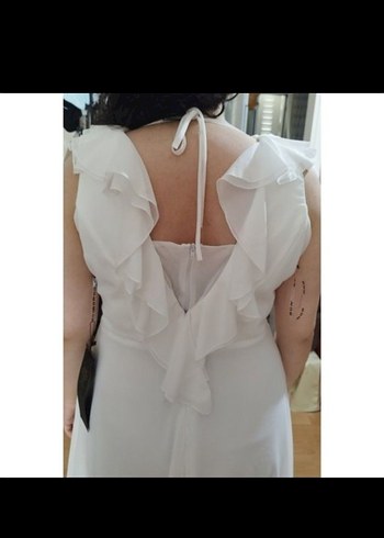 Beyaz Valonlu Şifon V yaka Nikahlık Gelinlik - Görsel 4