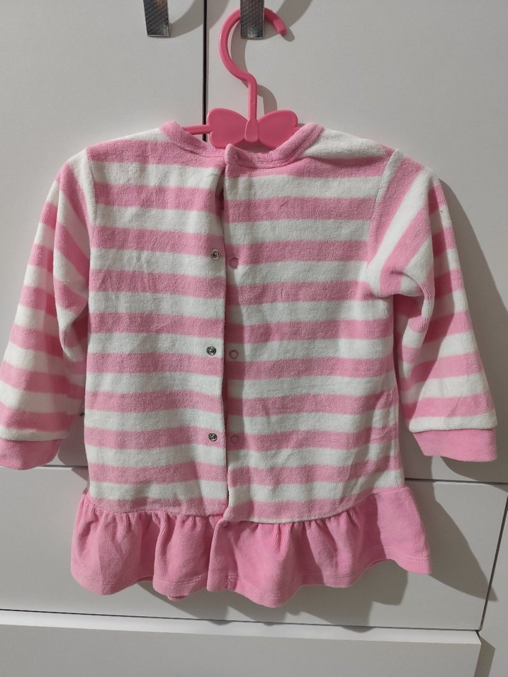 Kız Çocuk Pembe Çizgili Uzun Kollu Kadife Elbise - Görsel 3