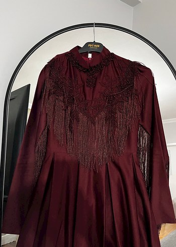 Bordo Uzun Kollu Nakışlı Gotik Kadın Elbise - Görsel 2