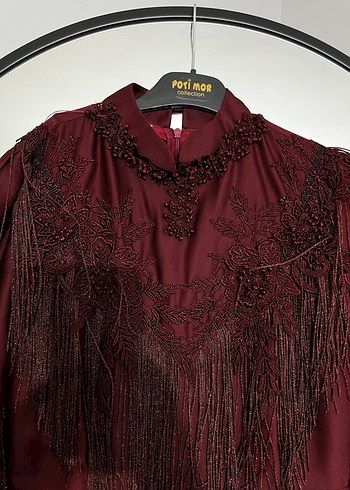 Bordo Uzun Kollu Nakışlı Gotik Kadın Elbise - Görsel 4