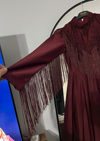 Bordo Uzun Kollu Nakışlı Gotik Kadın Elbise - Görsel 3