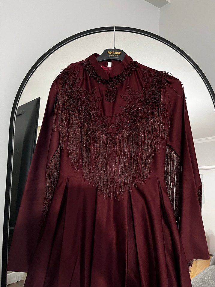 Bordo Uzun Kollu Nakışlı Gotik Kadın Elbise - Görsel 2