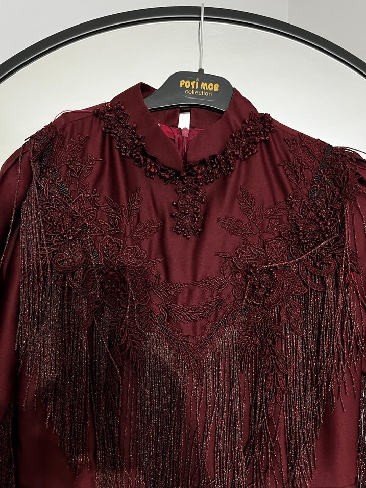 Bordo Uzun Kollu Nakışlı Gotik Kadın Elbise - Görsel 4