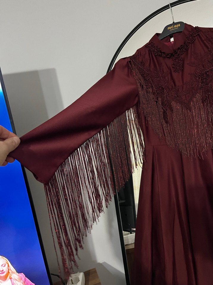 Bordo Uzun Kollu Nakışlı Gotik Kadın Elbise - Görsel 3