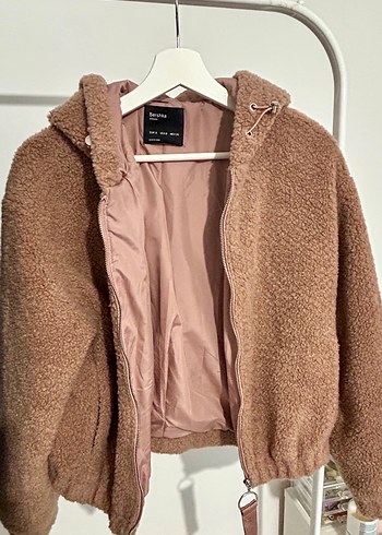Bershka Pembe Kapüşonlu Peluş Kadın Mont - Görsel 3