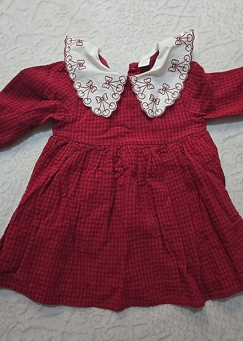 Bordo Nakışlı Fırfırlı Uzun Kollu Kız Elbisesi