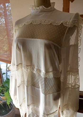 Krem rengi vintage Bohem Uzun Kollu Nakışlı Bluz - Görsel 4