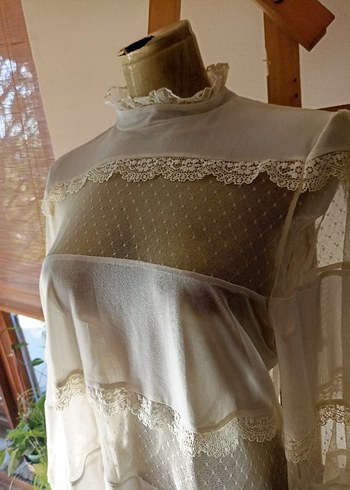 Krem rengi vintage Bohem Uzun Kollu Nakışlı Bluz - Görsel 3