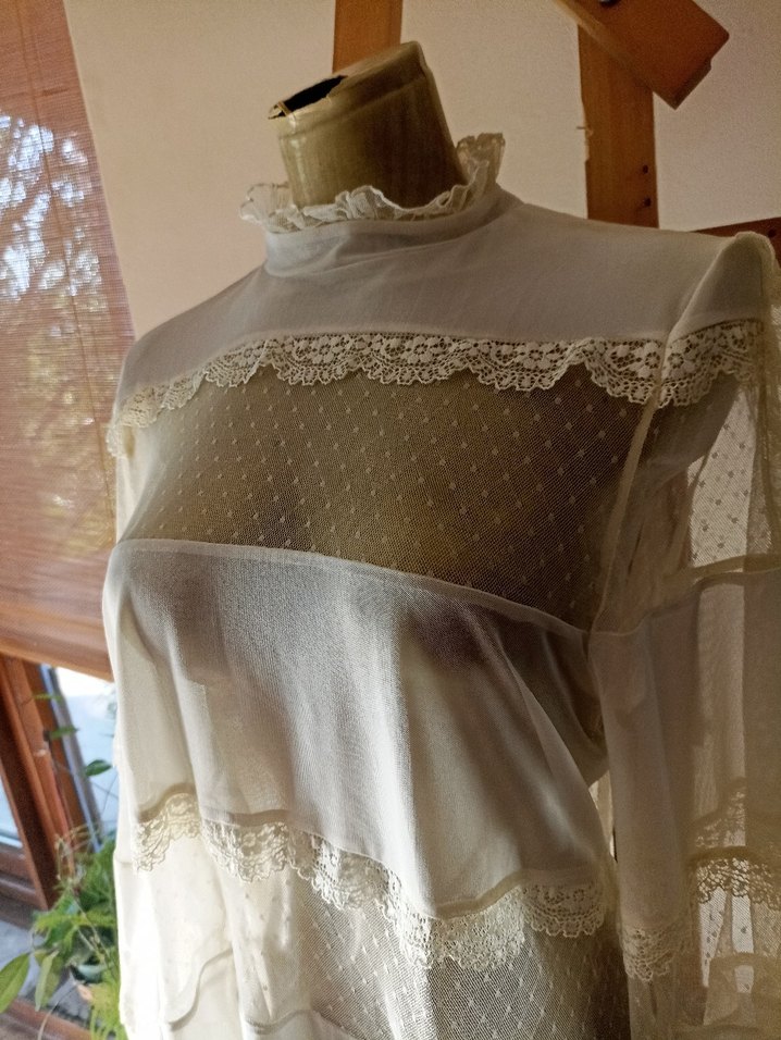 Krem rengi vintage Bohem Uzun Kollu Nakışlı Bluz - Görsel 3