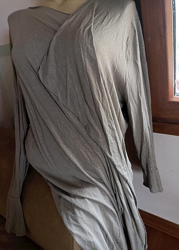 Gri simli uzun Kollu Dökümlü Kadın Hırka - Görsel 2