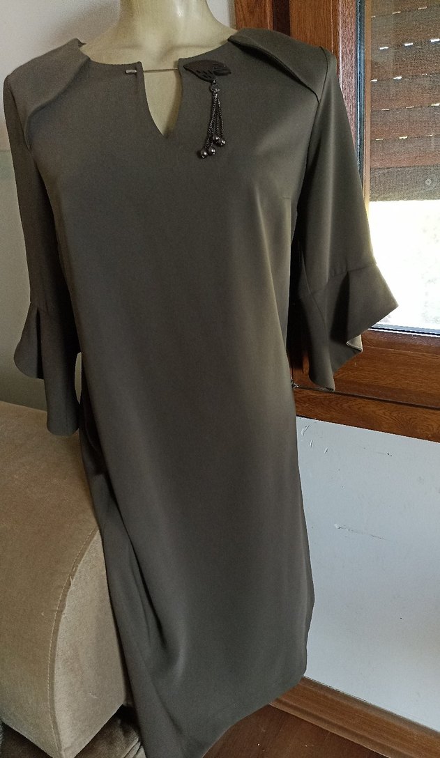 Gri Uzun V Yakalı Drapeli Kadın Elbise - Görsel 5