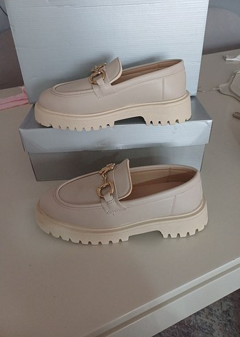 37 Beden Bej Platform Topuklu Tokalı Kadın Loafer