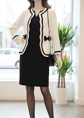 Siyah Fiyonk Detaylı Beyaz Ofis Ceketi - Görsel 7