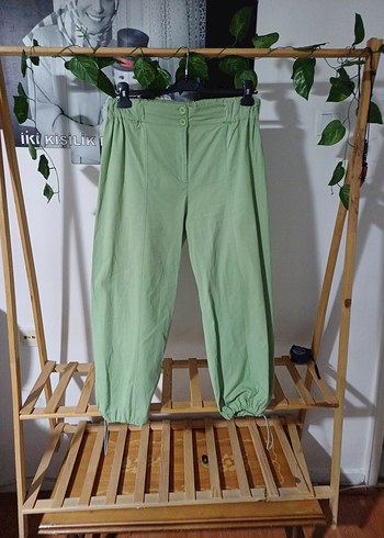 Kadın Loose Fit Midi Keten Yeşil Pantolon