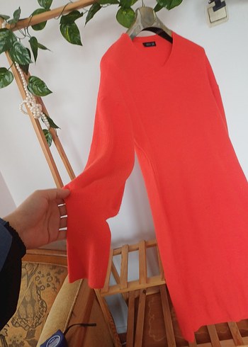 Kadın Kırmızı Uzun Kollu Triko Elbise tunik - Görsel 2