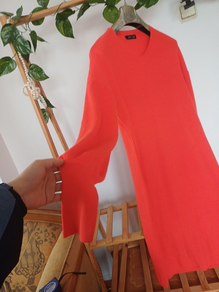 Kadın Kırmızı Uzun Kollu Triko Elbise tunik - Görsel 2