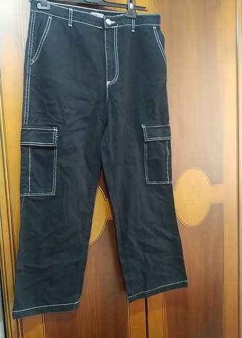 Siyah Bol Kesim Midi Kot Pantolon