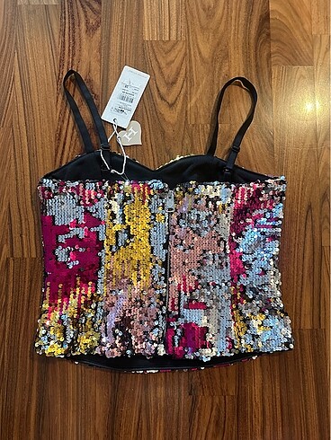 m Beden Home Store Renkli Payetli Crop Abiye Bluz