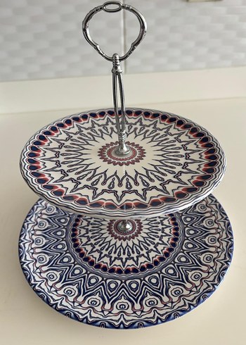 Renkli Desenli İki Katlı Servis Tabağı