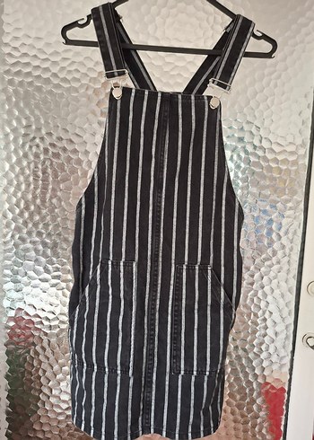 Çizgili Siyah Askılı Denim salopet - Görsel 2