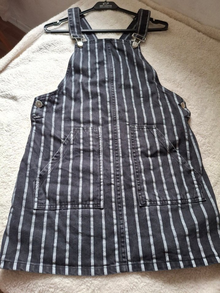 Çizgili Siyah Askılı Denim salopet - Görsel 5