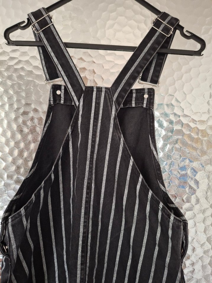 Çizgili Siyah Askılı Denim salopet - Görsel 4