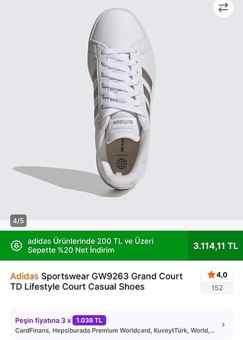 36 Beden Adidas Grand Court Beyaz Kadın Spor Ayakkabı