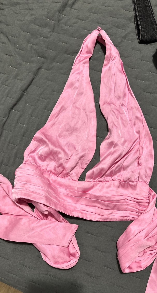 Zara Pembe Saten Bağlamalı Crop XS - Görsel 2