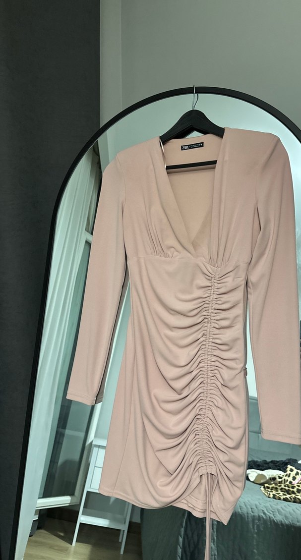 Zara Drapeli Pudra Pembe XS Mini Elbise - Görsel 2