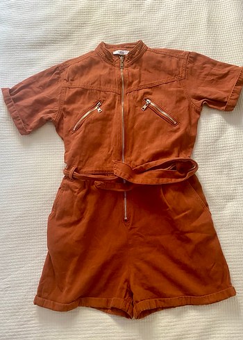 Kemerli Kahverengi Kadın Kısa Tulum - Görsel 2