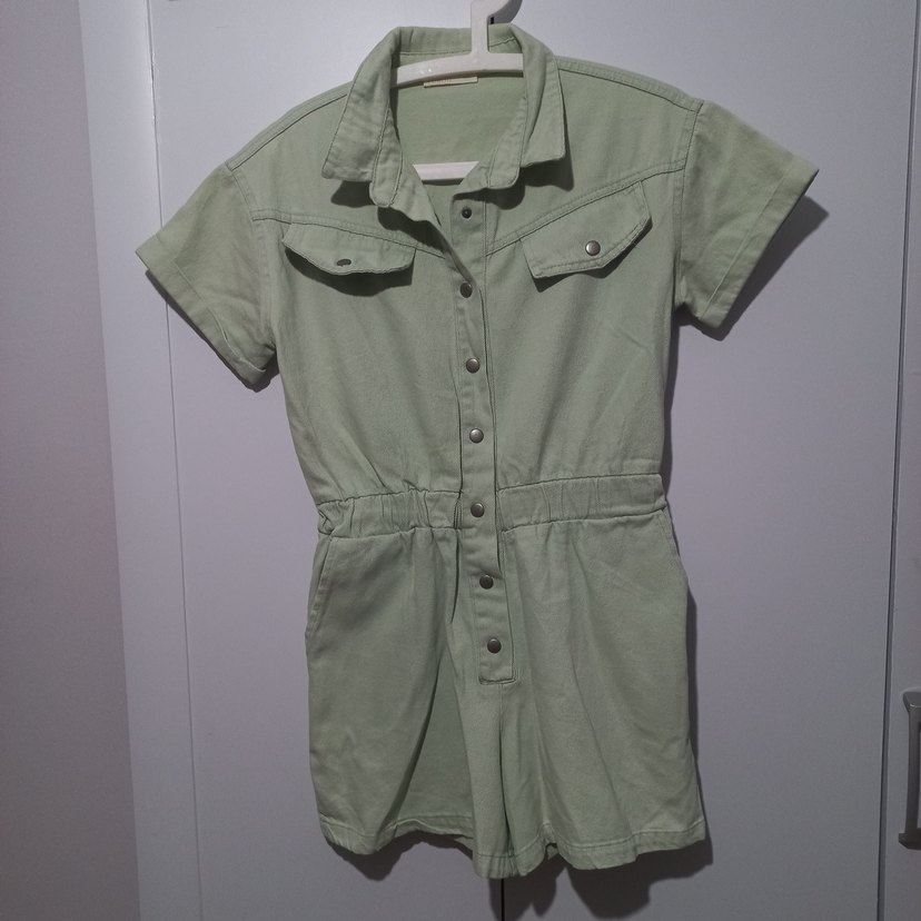 Düğmeli Kısa Kollu su yesili Kadın Tulum - Görsel 2