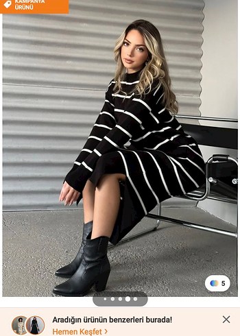 Siyah Çizgili Uzun Triko Elbise - Görsel 2