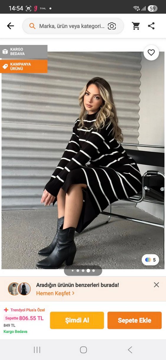 Siyah Çizgili Uzun Triko Elbise - Görsel 2