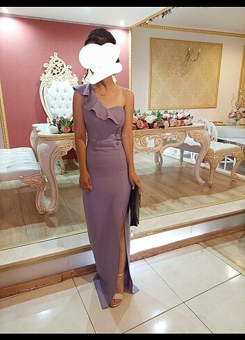 Lila füğme detaylı abiye elbise - Görsel 4