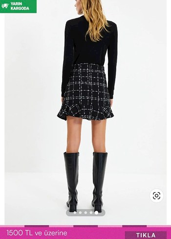 Düğmeli Siyah Ekose Mini Etek - Görsel 2