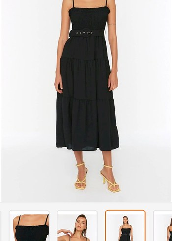 Siyah Askılı Uzun Elbise, Kemerli - Görsel 3