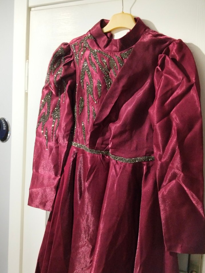 Bordo Nakışlı Uzun Kollu Kadın Abiye - Görsel 3