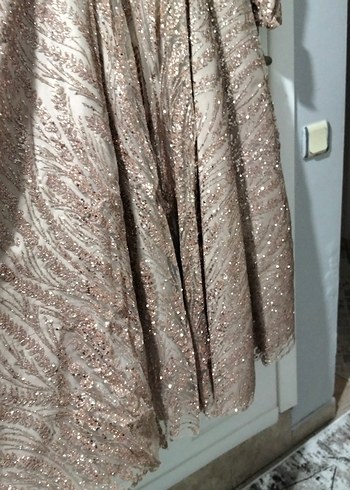 Bej Uzun Kollu İşlemeli Abiye Elbise - Görsel 5